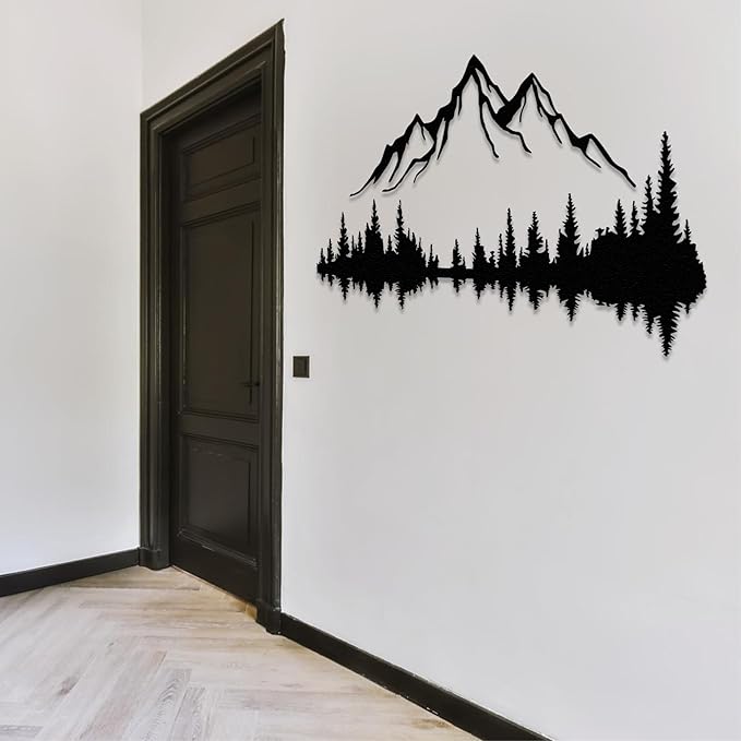 Wita Home Mountain and Forest Metal Wall Art, Wall Mounted Home Decor, Pine Trees and Mountain Wall Art for Living Room, Bedroom or Office, Large Outdoor Wall Decor, Nature Christmas Decor (Black, 80x53 inches)