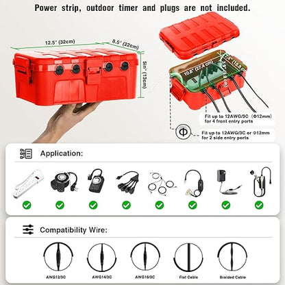 Flemoon Large Outdoor Electrical Box (12.5 x 8.5 x 5 inch), IP54 Waterproof Outdoor Extension Cord Cover Weatherproof, Protect Outlet, Plug, Socket, Timer, Power Strip, Holiday Light Decoration, Red