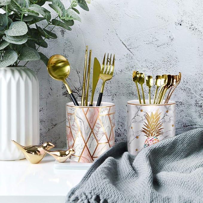 WAVEYU Pen Holder, Pencil Holder for Desk, Cute Makeup Brush Holder Marble Pineapple Pattern Pencil Cup for Girls Kids Durable Ceramic Desk Organizer Pineapple Decor for Office, Classroom