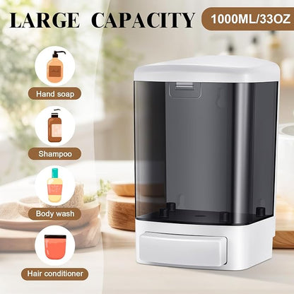Hushee 2 Pcs Commercial Soap Dispenser Hand Wall Mounted Bathroom 33.8oz/1000ml Manual Soap Dispenser Liquid Containers with Pump Black Shower Plastic Wash Wall Container Shampoo Gel for Kitchen Hotel