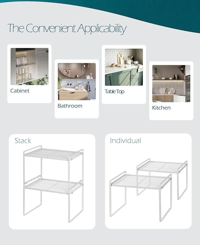 Shantton 2Pack Kitchen Cabinet Shelf Counter Organizer Rack Pantry Storage Bathroom Bedroom Office Table Desk Space Saving Stackable Rust Resistant Non Slip White Tall Wide L13.1in W10.6in H9.5in