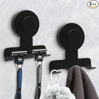 Suction Cup Razor Holder for Shower,Heavy-Duty 7KG Suction Hooks for Razor,Towel,Loofah,Removable Damage-Free Metal Shower Hook,Shaver Holder,2 Pack(Matte Black)