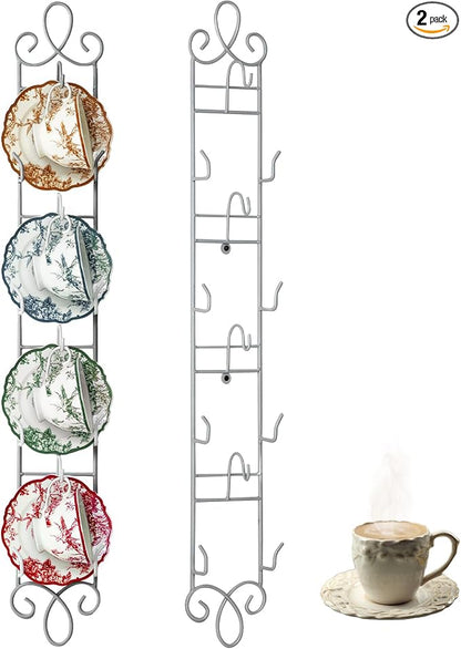 Blulu 2 Pcs Wall Mounted Tea Cup & Saucer Display Rack, 4-tier Metal Mug Holder with Plate Hangers, Decorative Wall Storage for Kitchen, Gift&Coffee Bar Display, 36'' x 5'' (White)