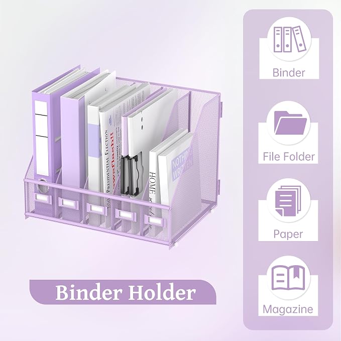 SUPEASY Desk Organizers Metal Desk Magazine File Holder with 5 Vertical Compartments Rack File Organizer for Office Desktop, Classroom, Home Workspace, Purple Plus