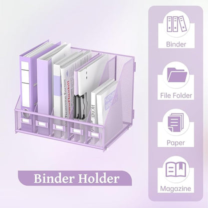 SUPEASY Desk Organizers Metal Desk Magazine File Holder with 5 Vertical Compartments Rack File Organizer for Office Desktop, Classroom, Home Workspace, Purple Plus