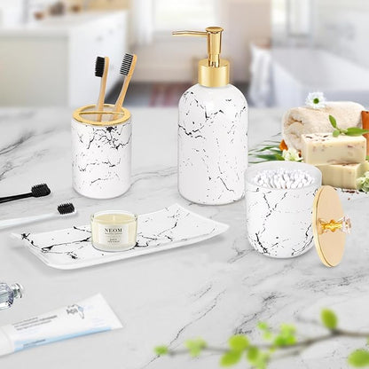 Haturi Glass Bathroom Accessories Set – 4-Piece Marble-Style White and Gold Bathroom Set with Soap Dispenser, Toothbrush Holder, Jar with Lid – Elegant Glass Design for Modern Vanity Décor