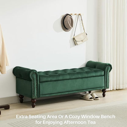 58.1" Storage Bench Upholstered Velvet End of Bedroom Bed Bench Ottoman with Tufted Cushioned Rolled Arm Large Storage Space for Reading Living Room Entryway,Dark Green