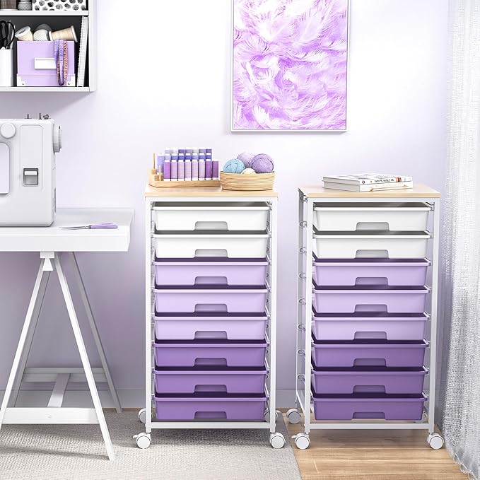 Rolling Cart with Drawers,Utility Cart With 8 Drawers and Wooden Tabletop for Living Room,Classroom,Bedroom,Bathroom,Dorm,Office,Purple