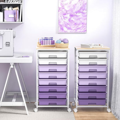 Rolling Cart with Drawers,Utility Cart With 8 Drawers and Wooden Tabletop for Living Room,Classroom,Bedroom,Bathroom,Dorm,Office,Purple