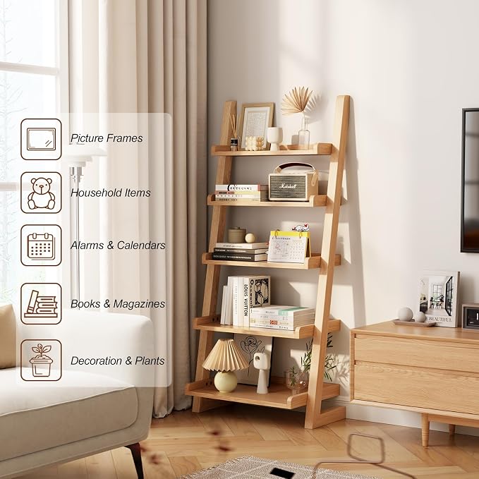 AQIMUELE Wooden Ladder Shelf with Edges, 5-Tier Modern Leaning Bookshelf Ladder – Stylish Space-Saving Bookcase for Living Room, Bedroom & Home Office