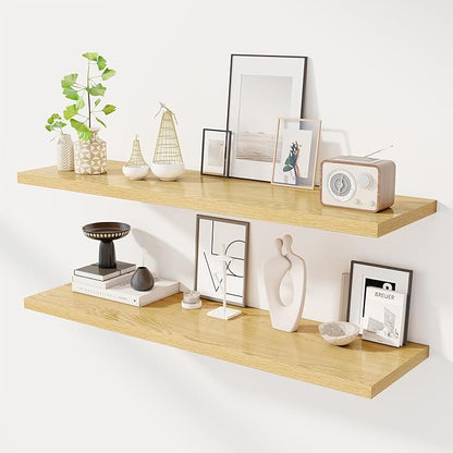 Dreamland 48" Floating Shelves for Wall, 12" Deep Slim Oak Floating Shelves, Wall-Mounted Shelves for Bedroom, Living Room, Kitchen, Bathroom - Set of 2
