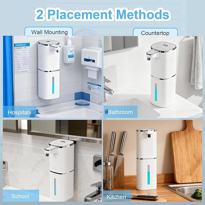 OHIFAST Automatic Foaming Soap Dispenser Touchless, USB Rechargeable Smart Hand Soap Dispenser, 9-Level Adjustable, Physical Button Operation, 13.5oz/400mL Wall Mounted for Bathroom Kitchen Dish Soap