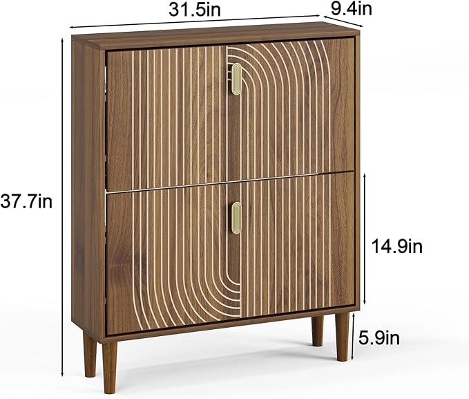 Shoe Cabinet Storage for Entryway with 2 Flip Drawers, Narrow Shoe Cabinet for Entryway, Hidden Slim Shoe Organizer Rack Cabinet (Walnut, 31.5" W)
