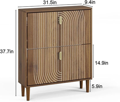 Shoe Cabinet Storage for Entryway with 2 Flip Drawers, Narrow Shoe Cabinet for Entryway, Hidden Slim Shoe Organizer Rack Cabinet (Walnut, 31.5" W)