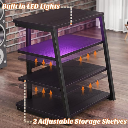Besiost AV Media Stand with Outlets, Media Console with LED Lights, Stereo Racks and Stands with Storage Shelves, Media Audio Tower Cabinet, Black Enoby