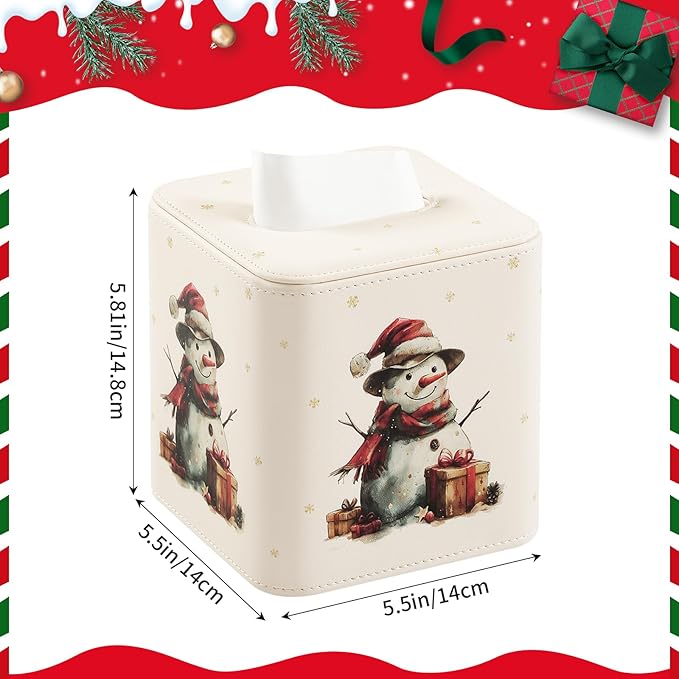 MEIBOOCH PU Leather Tissue Box Cover with Magnetic Closure, Square Tissue Box Holder with Rounded Edges Design (Snowman, Square)