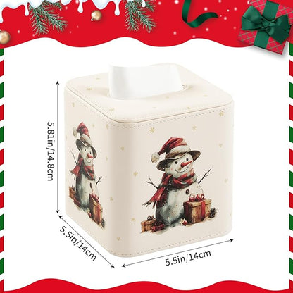 MEIBOOCH PU Leather Tissue Box Cover with Magnetic Closure, Square Tissue Box Holder with Rounded Edges Design (Snowman, Square)
