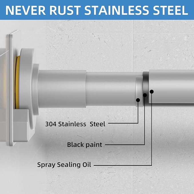 CorkLatta Matte Silver Shower Curtain Rod,1 Inch Diameter Stainless Steel Adjustable Spring Tension Rods 32 to 68",with Holders,Anti-Slip,Curtain Rods No Drilling(1 Pack)