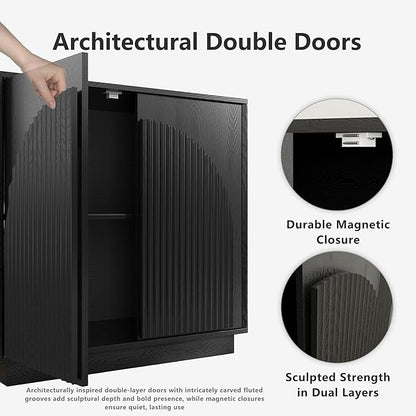 win2win Fluted Sideboard Buffet Cabinet with Storage, 31.5" Modern Accent Cabinet with Double-Layered Arch Doors, Small Wood Console Credenza for Living Room, Dining Room, Entryway, Black, 3PCS