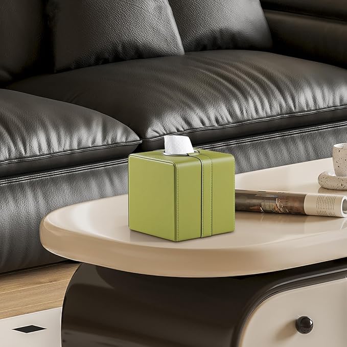 MEIBOOCH Square Tissue Box Cover, Luxury PU Leather Tissue Holder with Magnetic Closure (Green)