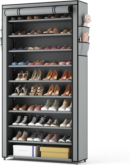 ROJASOP Shoe Rack with Covers, Stackable 10 Tier Tall Shoe Shelf Storage 50-55 Pairs Shoes and Boots Large Capacity Vertical Shoe Rack Organizer for Closet Entryway Garage Bedroom, Grey