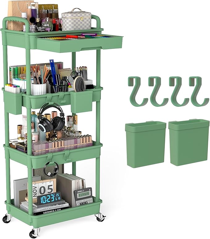 LLMRR 4 Tier Rolling Utility Cart with Drawer, Plastic Storage Organizer Rolling Carts with Wheels Handles Hanging Cups Hooks for Office, Bathroom, Kitchen,Craft Art Room (Green)