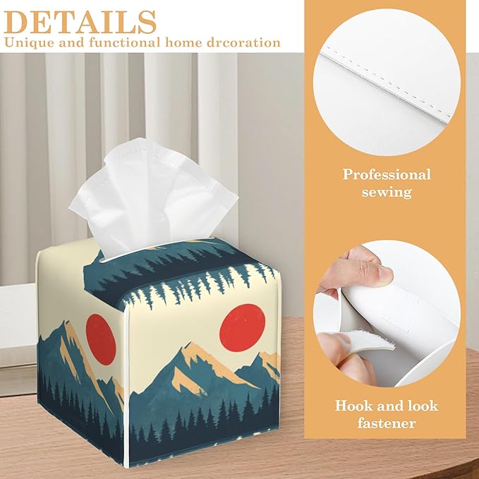 Tissue Box Cover,Boho Mountains Sun Leather Tissue Holder Organizer Portable Square Decorative Facial Paper Case for Home Office Bathroom Vanity Countertop
