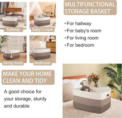 OIAHOMY Large Blanket Basket For Living Room, Rectangle Woven Baskets for Storage, Nursery Toy Storage With Handle-22”x17”x12”-Gradient Dark Brown