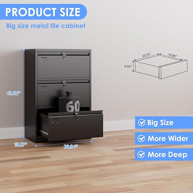 43.62" H Lateral File Cabinet 3 Drawer,Metal Wide Filing Cabinet with Locks and Business Card Slot for Home Office School Hanging Letter/Legal/F4/A4 Size Folders,Required Assembly,Black