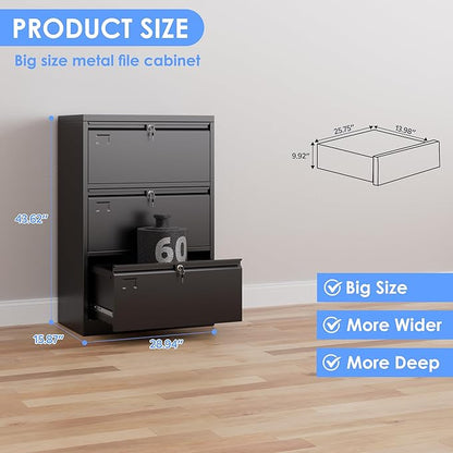 43.62" H Lateral File Cabinet 3 Drawer,Metal Wide Filing Cabinet with Locks and Business Card Slot for Home Office School Hanging Letter/Legal/F4/A4 Size Folders,Required Assembly,Black