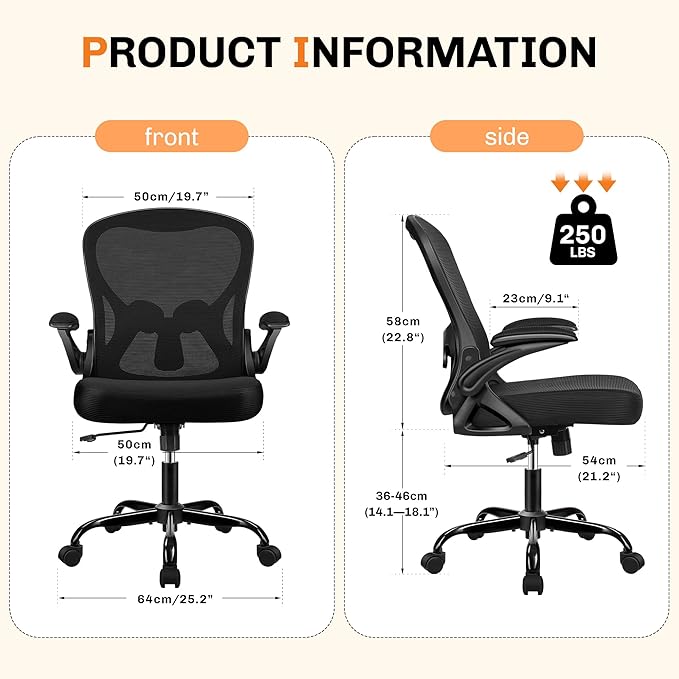 Office Chair, Ergonomic Mesh Desk Chair with Adjustable Lumbar Support & Flip-Up Armrest, Mid Back Computer Chair, Swivel Task Rolling Chair for Home and Office (Black)