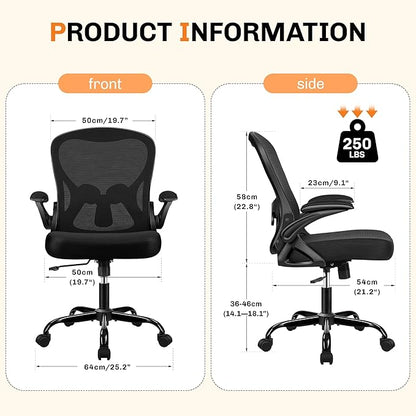 Office Chair, Ergonomic Mesh Desk Chair with Adjustable Lumbar Support & Flip-Up Armrest, Mid Back Computer Chair, Swivel Task Rolling Chair for Home and Office (Black)