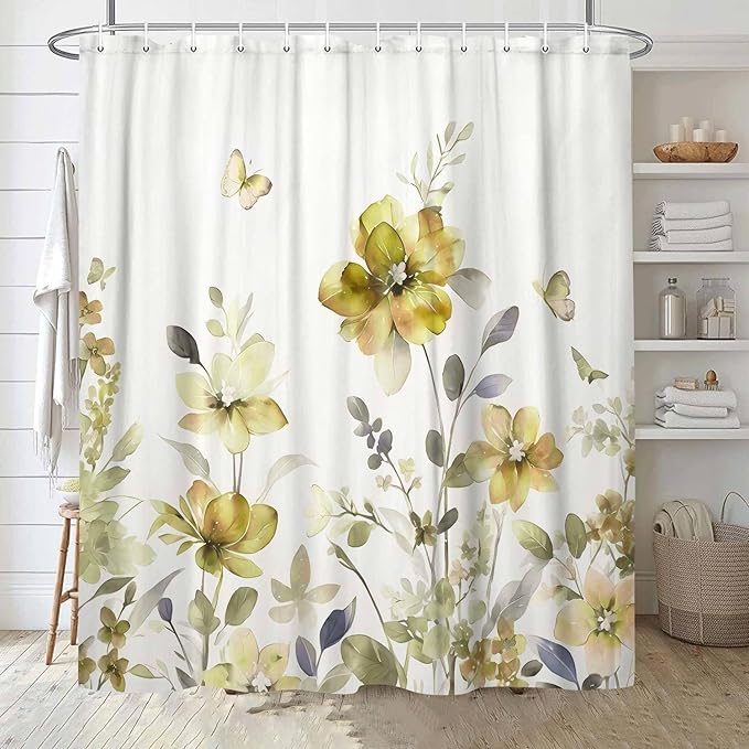 Yellow Floral Shower Curtain, Yellow Lavender Floral Butterfly Boho Shower Curtains for Bathroom, Farmhous Flower Cute Fabric Shower Curtain Set with 12PCS Hooks, 60X70IN