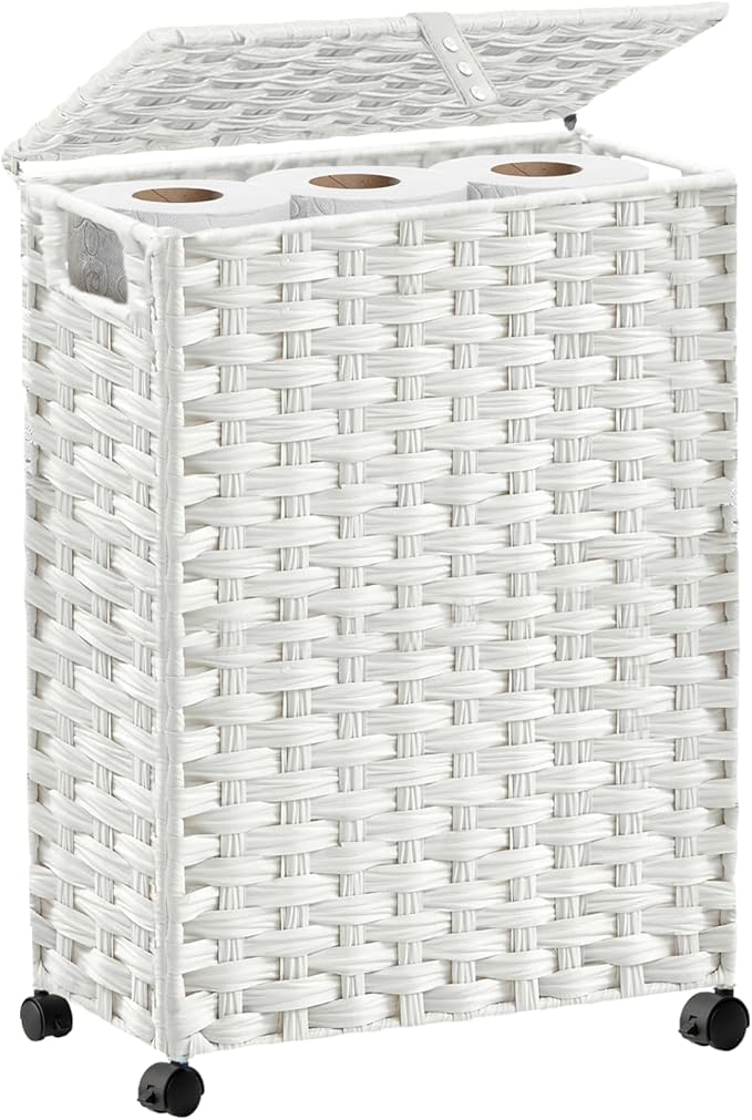 Toilet Paper Storage Basket with Lid and Wheels, Rattan Toilet Paper Holder Storage, Toilet Paper Organizer for Bathroom, Bedroom, Kitchen, 12.6”L x 7.1”W x 17.14”H, White