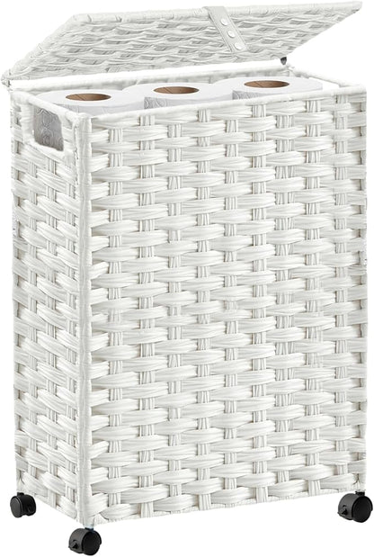 Toilet Paper Storage Basket with Lid and Wheels, Rattan Toilet Paper Holder Storage, Toilet Paper Organizer for Bathroom, Bedroom, Kitchen, 12.6”L x 7.1”W x 17.14”H, White