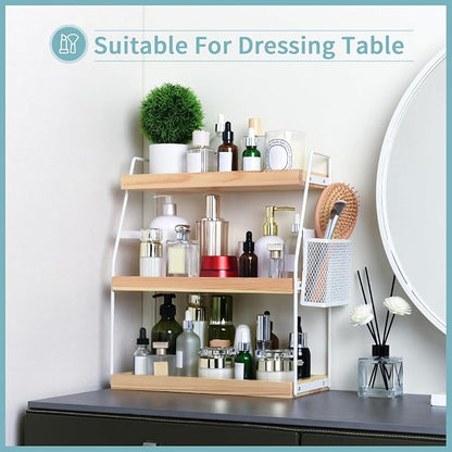Uneviesyka Bathroom Counter Organizer, 3-Tier Standing Storage Shelf with Basket, Wood Tray for Skincare Vanity Organizer(White)
