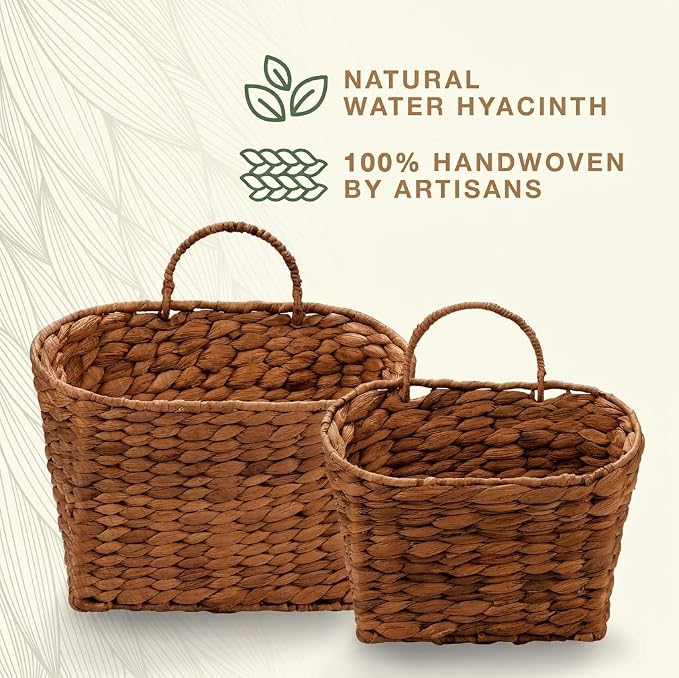Set of 2 Red Brown Wicker Hanging Baskets for Front Door, Mail, Flowers & Organizing