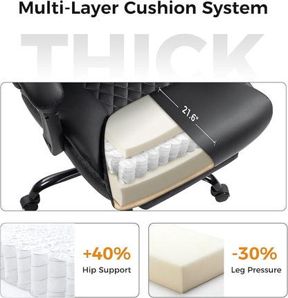 Office Chair, Executive High Back Leather Home Office Desk Chair with Footrest & Lumbar Support - Ergonomic Reclining Comfortable Wide Swivel Rolling Gaming Computer Chair 90-135° Adjustable Tilt Lock