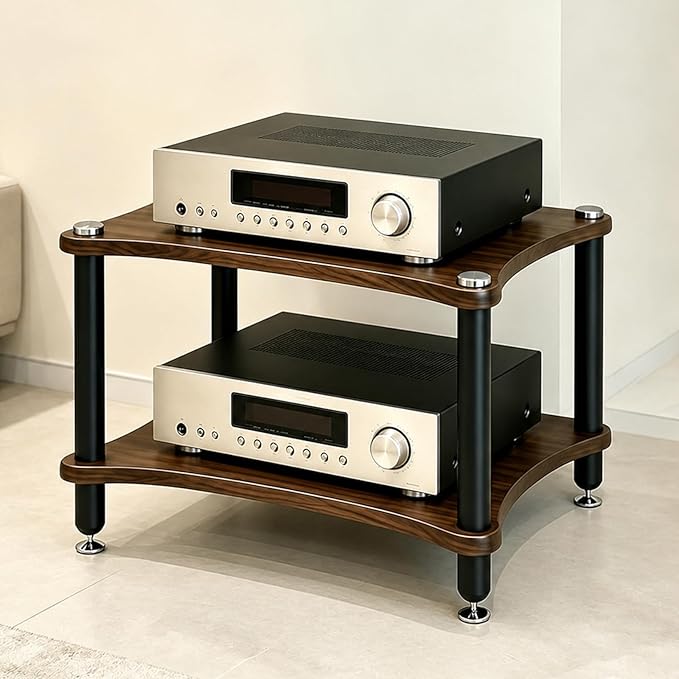 Heavy Duty Audio Component Rack, Large Storage Space AV Media Stand with Shock-Absorbing Foot pegs, Audio Rack Tower CD Player Stand for Home/Office/Audio Video/Theate (Black Walnut, 2nd)