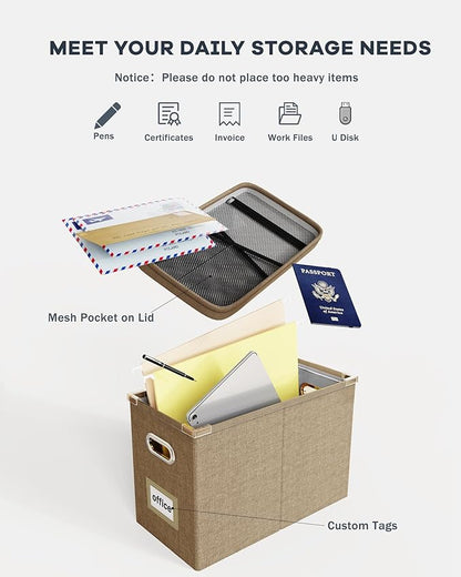Oterri File Organizer Box with Lid, Hanging Filing File Box with Mesh Pocket, Document Organizer Box for Letter Files, Portable Storage Box with Smooth Sliding Rail for Office&Home(1 PCS, Khaki)