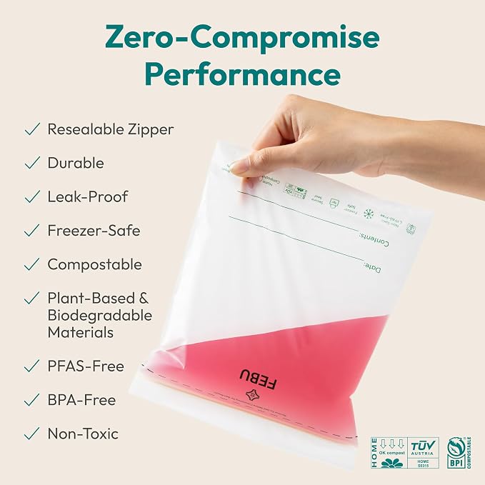 FEBU Compostable Food Storage Bags Variety Pack, 260 Count | Compostable & Biodegradable | PFAS & BPA Free | Drawer Organizer Box | 90 Snack, 90 Sandwich, 50 Quart, 30 Gallon