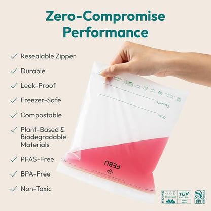 FEBU Gallon Compostable Food Storage Bags, 60 Count | Certified Home Compostable & Biodegradable | PFAS & BPA Free Zipper Bags | Leak-Proof & Resealable | 10.56” x 10.75”