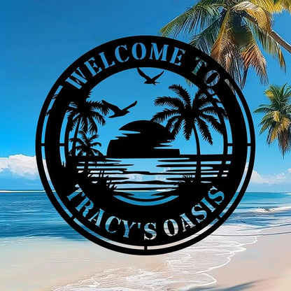 Custom Palm Tree wall Art Sunshine Palm Tree Beach House Metal Wall Art Personalized Ocean Waves Pool Name Sign Home Decor Patio Decoration Birthday Family Pool Home décor Tree House Sign