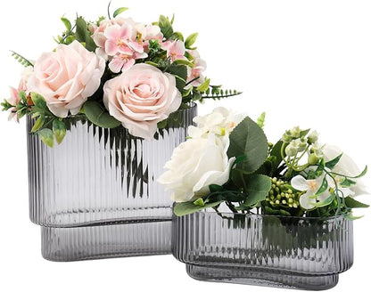 Short Glass Vases, Set of 2 Black Glass Vases for Tulips, Ribbed Vase for Flowers, Modern Small Vase for Living Room, Dining Room, Bathroom, Desk, Shelf, Wedding, Office