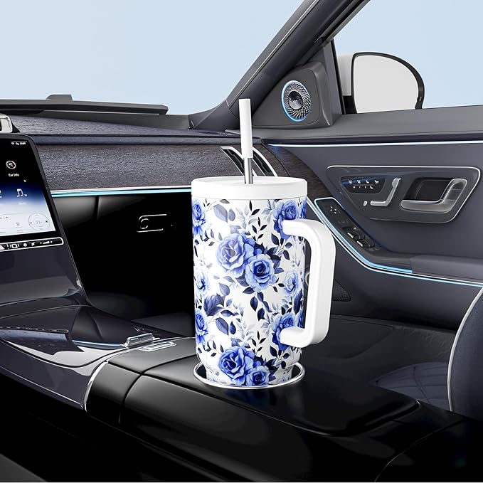 Meoky 40 oz Tumbler with Handle and Straw: Stainless Steel Insulated Tumbler with Lid and Straw - 100% Leak Proof Tumbler for Car Cup Holders - Travelers Commuters Workers, Blue Rose
