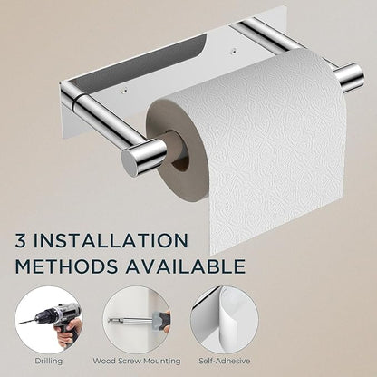 FORIOUS Toilet Paper Holder, Adhesive or Wall Mounted Options, Stainless Steel Rustproof Stick on no Drilling Double Post Pivoting Toilet Tissue Roll Holder Wall Mount for Bathroom, Polished Chrome