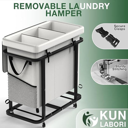 60 Gal(230L) Laundry Basket with Lid, Rolling Laundry Hamper with Wheels, Dirty Clothes Hamper with Metal Frame and Removable Bag Design, Suitable for Laundry Room, Bedroom(White, 3 Section 230L)
