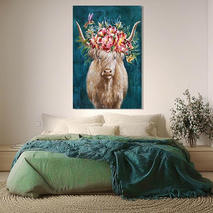 ZENPEE Highland Cow Canvas Wall Art with Pink and Blue Background, Farmhouse Wall Decor for Bedroom, Living Room, Office, Hallway, 24" x 36"