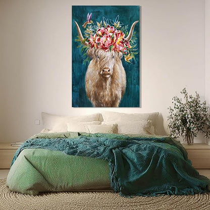ZENPEE Highland Cow Canvas Wall Art with Pink and Blue Background, Farmhouse Wall Decor for Bedroom, Living Room, Office, Hallway, 24" x 36"