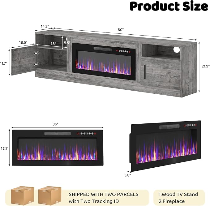 LEMBERI 80 Inch Fireplace TV Stand for TVs up to 90", 36" Electric Fireplace Entertainment Center with 20-Color LED, 300lbs Max Capacity Modern Wood Media Console Cabinet, Gray